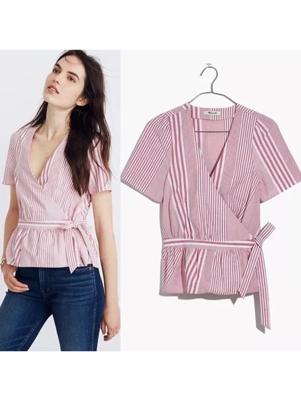 Madewell NWOT Women's Ruffle-Hem Wrap Top in Stripe Mix Deep Crimson Size XS